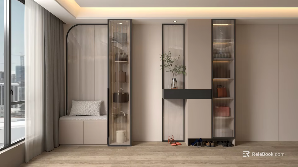 Modern Shoe Cabinet Design With Glass Doors Bench Decorative Plant And Storage 3d model 