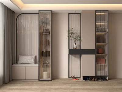 Modern Shoe Cabinet Design With Glass Doors Bench Decorative Plant And Storage 3d model