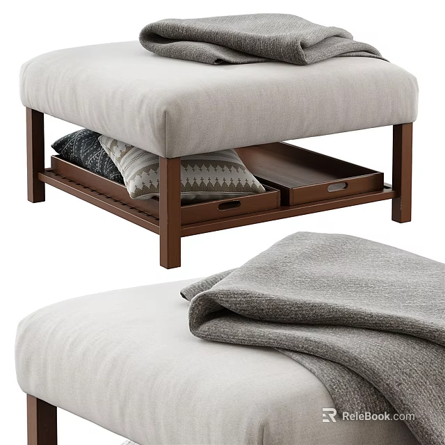 Storage Stool With Wooden Legs Upholstered Seat Drawers Holding Pillows And Cozy Blanket 3d model 