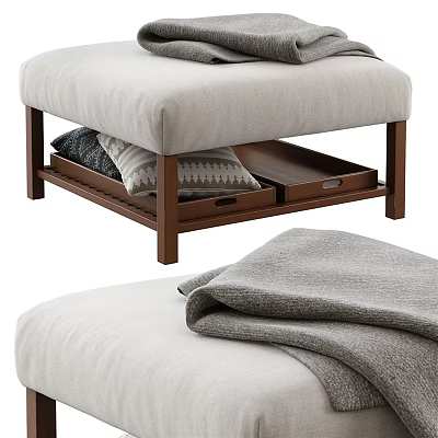 Storage Stool With Wooden Legs Upholstered Seat Drawers Holding Pillows And Cozy Blanket 3d model