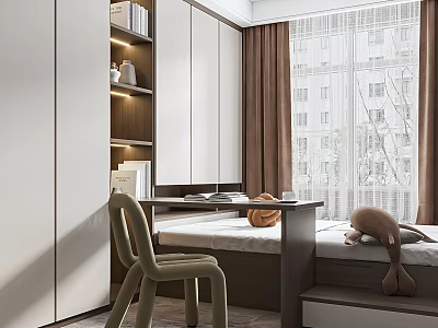 Modern Study Room Interior With Wooden Desk Bookshelf Chair And Window Curtain 3d model