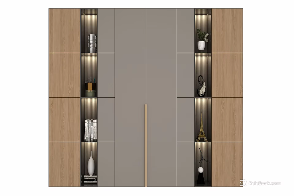Modern Wardrobe Design With Grey Panel Doors And Wooden Side Storage Compartments 3d model 