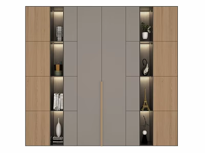 Modern Wardrobe Design With Grey Panel Doors And Wooden Side Storage Compartments 3d model