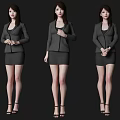 Professional Woman in Black Blazer and Skirt with Different Standing Poses and High Heels