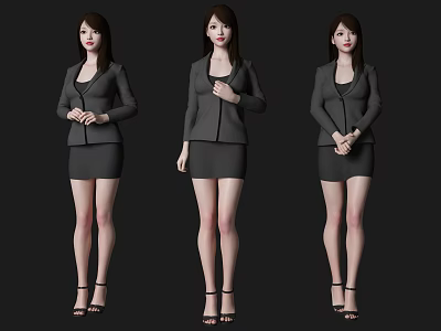 Professional Woman in Black Blazer and Skirt with Different Standing Poses and High Heels 3d model