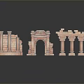 Scenic Pink Ancient Architectural Models With Columns Arch Walls And Reflections On Black Background