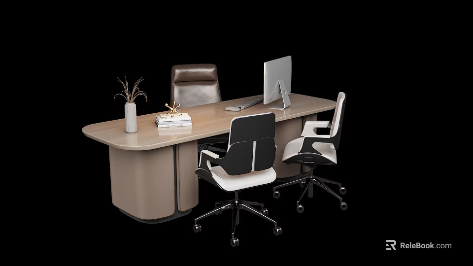 Modern Office Desk and Chair Set with Leather Office Chair Black White Chairs Vase Books Monitor 3d model 