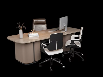 Modern Office Desk and Chair Set with Leather Office Chair Black White Chairs Vase Books Monitor 3d model