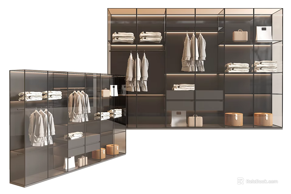 Modern Wardrobe with Glass Doors Hanging Clothes Folded Clothes and Storage Boxes 3d model 