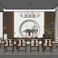 Chinese Traditional Tea Room Interior With Wooden Table Chairs Round Landscape Painting And Chandelier