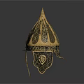 Intricate Blue And Gold Decorated Ancient Helmet With Pointed Top And Historical Weapon Design