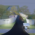 Modern Scenic Feature Wall Design With Striped Texture Trees Grass And Pathway