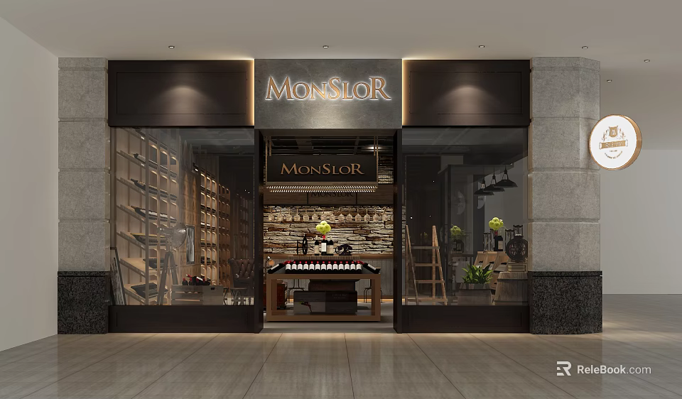 MonSLOR Specialty Store Modern Storefront With Glass Window Shelves And Displayed Products 3d model 