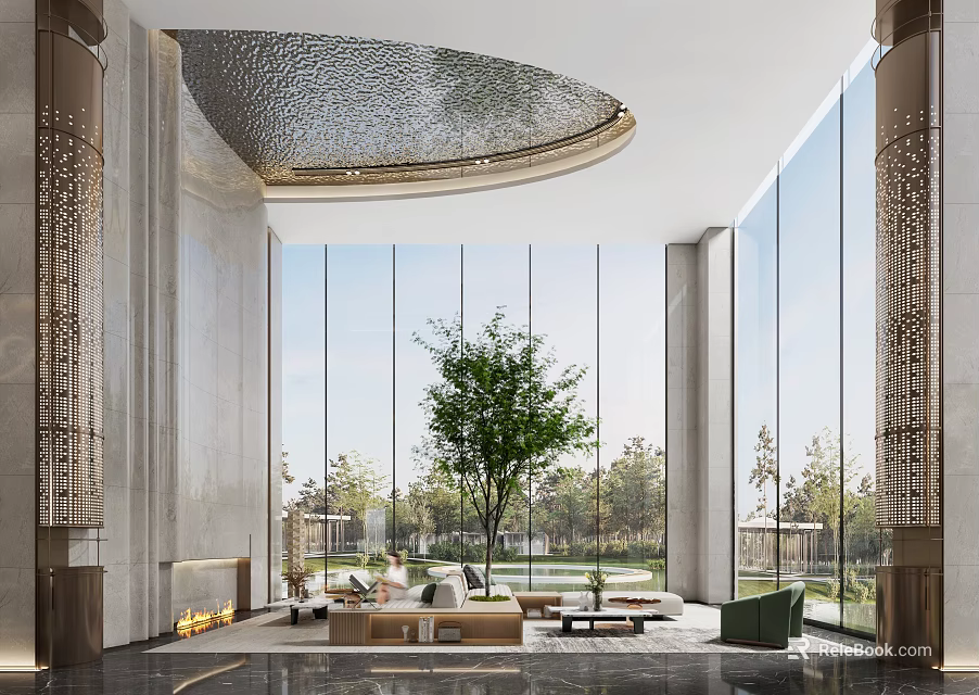 Modern Lounge Area Featuring Curved Textured Ceiling Large Windows Sofa Coffee Table And Green Landscape 3d model 