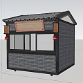 Traditional Style Kiosk with Gray Brick Walls Black Roof Transparent Windows Signboard and Lantern Decorations