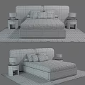 Modern Double Bed With Upholstered Headboard Gray Sheets And Bedside Table Lamps 3d model