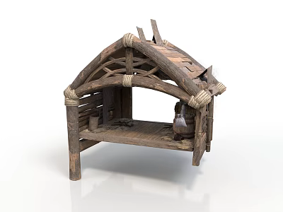Rustic Wooden Manger Structure With Arch Frame Rope Ties And Plank Roof Details 3d model