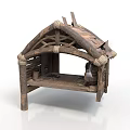 Rustic Wooden Manger Structure With Arch Frame Rope Ties And Plank Roof Details