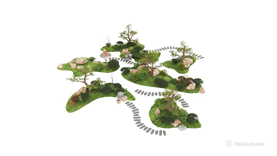 Micro Landform Miniature Landscape Featuring Green Grass Stones Trees And Pathway 3d model