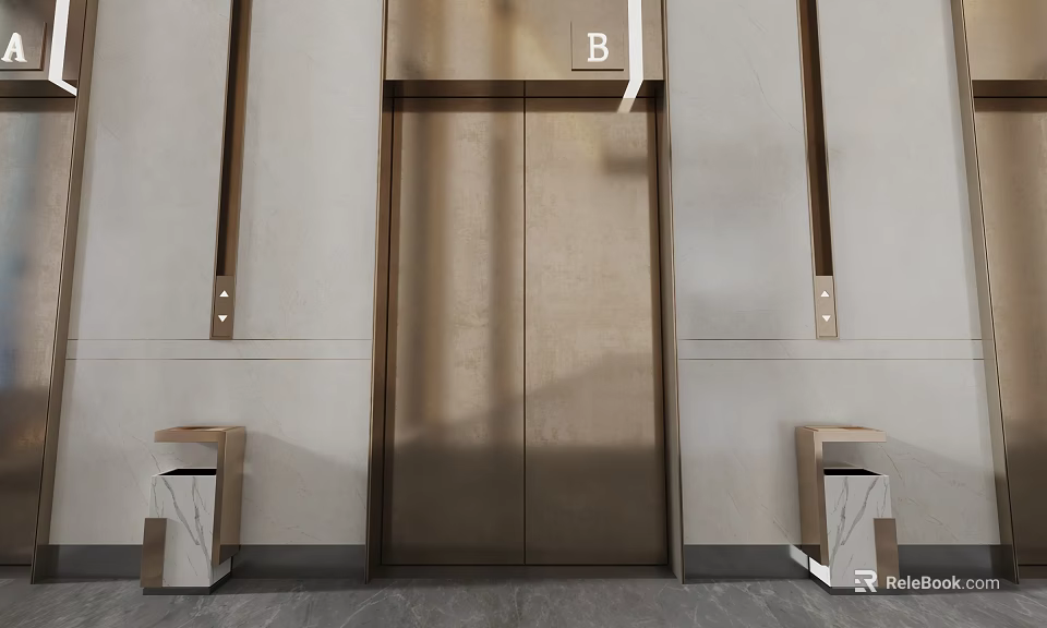 Modern Elevator Hallway With Bronze Door Floor B Sign And Marble Stools 3d model