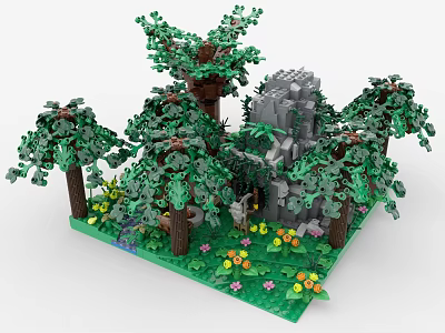 Building Blocks Constructed Forest Scene With Green Trees Gray Rocks Colorful Flowers Vines And Grass 3d model