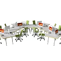 Circular Office Desk Setup With Multiple Workstations Green Chairs And Computer Monitors 3d model