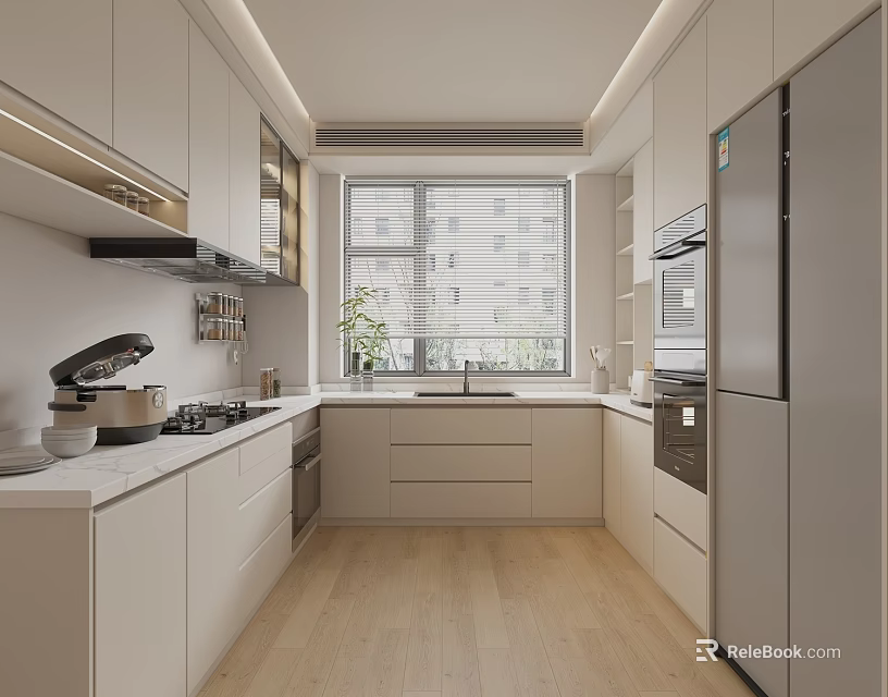 Modern Kitchen Interior Design With White Cabinets Wooden Flooring And Stainless Steel Appliances 3d model 