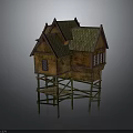 Rustic Wooden Elevated Cottage Featuring Green Roof And Small Windows On Stilts