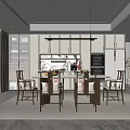 Modern Restaurant Kitchen Interior With Open Layout Dining Table And Pendant Lights