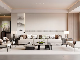 Living Room Sofa Coffee Table Combination Leisure Chair Sofa Stool Hanging Picture Table Lamp Side Plants 3d model