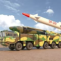 Camouflage Military Functional Vehicle With Missile Launch System On Desert Terrain