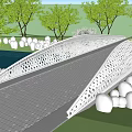 Modern Curved Silver Landscape Bridge With Perforated Design Gray Pavement Green Trees And Grassland