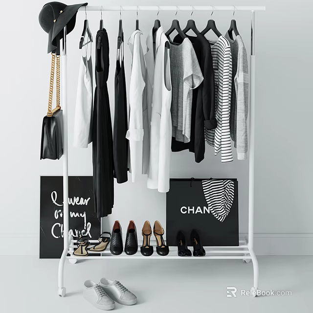 Stylish Clothes Rack Displaying Hanging Shirts Tops Shoes Handbag And Luxury Shopping Bag 3d model 