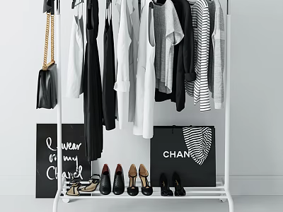 Stylish Clothes Rack Displaying Hanging Shirts Tops Shoes Handbag And Luxury Shopping Bag 3d model