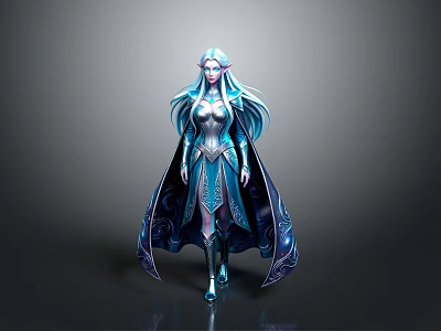 Fantasy Female Character With Blue Long Hair Ornate Silver Blue Armor And Cloak 3d model