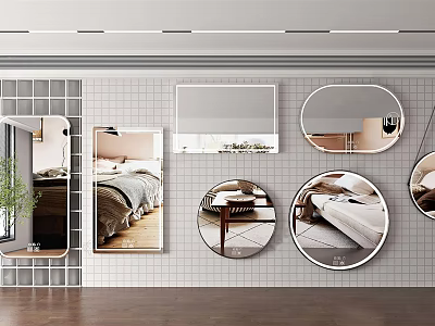 Various Shapes Mirrors Hung on Grid Tiled Wall Reflect Modern Indoor Scenes with Wooden Floor 3d model