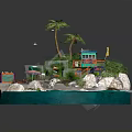 Cartoon Island Scene With Palm Trees Beach House Slide Red Car And Blue Ocean
