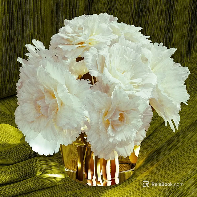 Elegant White Carnation Bouquet In Golden Vase On Green Textured Fabric 3d model 