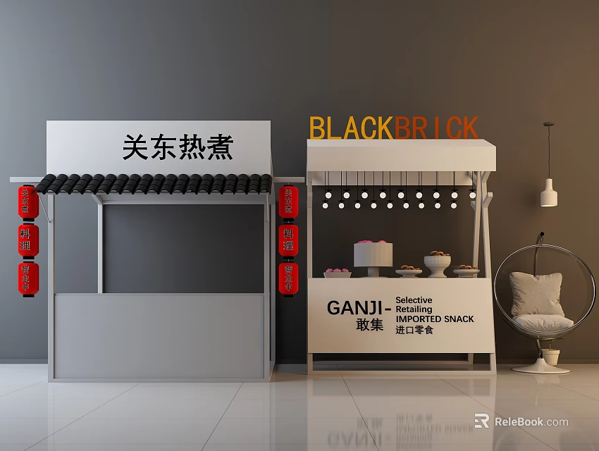 Street Food Stalls With Oden And Japanese Fried Chicken Red Lanterns Setup 3d model 