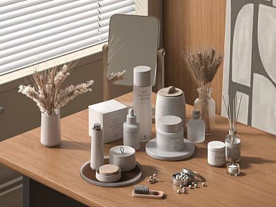 Perfume Cosmetics Arranged On Vanity Table With Decor 3d model