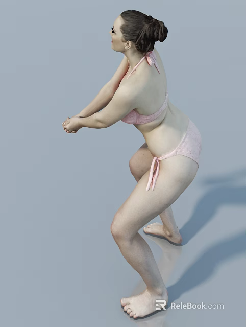 Woman in pink bikini performing squat pose on gray background 3d model 