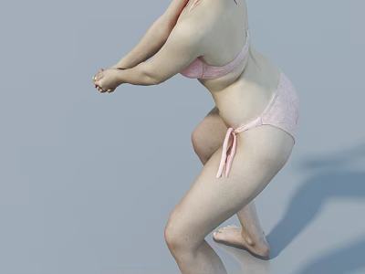 Woman in pink bikini performing squat pose on gray background 3d model