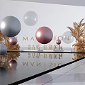 Floating Inflatable Spheres in Red Silver Transparent Against White Walls Blue Sky White Tiled Floor