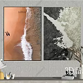 Modern Dual Panel Hanging Wall Art with Orange Seascape Waves Silhouette and Gray Abstract Texture