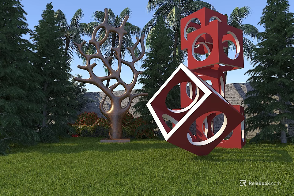 Garden Landscape Featuring Green Lawn Trees Red Cube Sculptures And Bronze Branch Artwork 3d model 