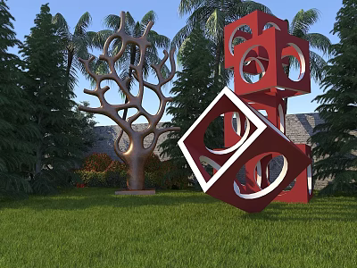 Garden Landscape Featuring Green Lawn Trees Red Cube Sculptures And Bronze Branch Artwork 3d model