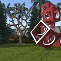 Garden Landscape Featuring Green Lawn Trees Red Cube Sculptures And Bronze Branch Artwork
