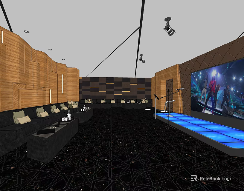 Modern KTV Interior Design With Sofa Seating Large Screen And Stage Lighting 3d model