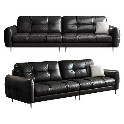 Modern Black Leather Three Seater Sofa With White Pillow And Metal Legs 3d model