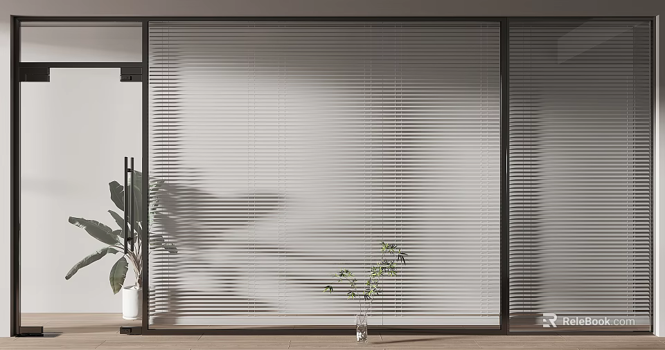 Modern Interior With Vertical Blinds Partition And Green Plants Light Shadows 3d model 